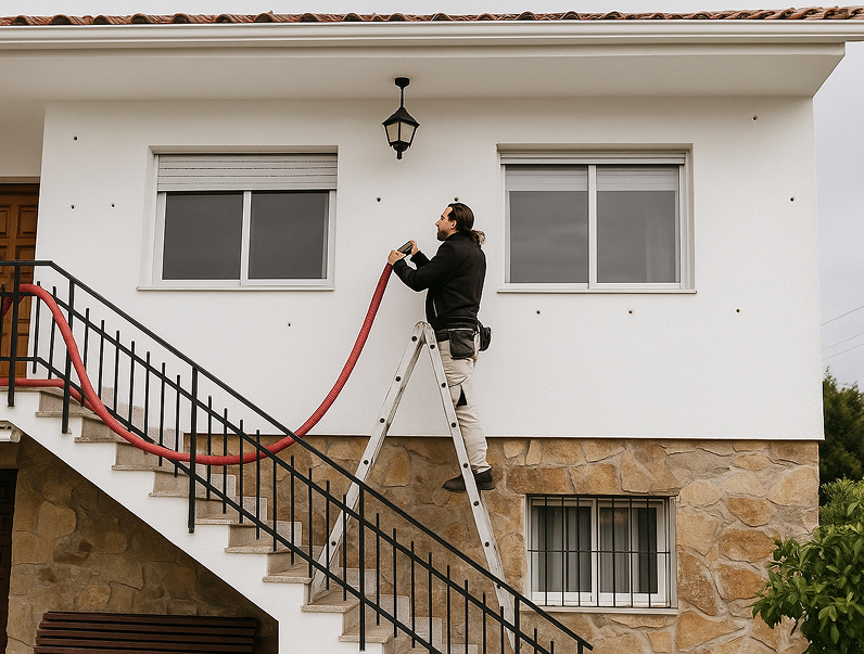 Trabajador aislando fachada de casa Trabajos de Aislamiento Insuflado Exterior de Calabuig